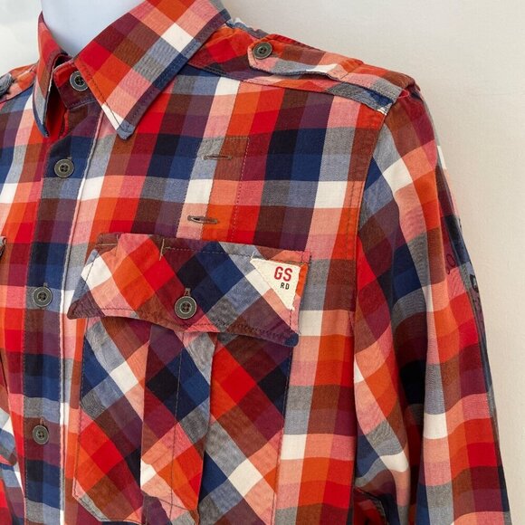 G-Star Raw Men’s Red Blue Plaid Button-Up Shirt Epaulets Size M Streetwear - Picture 5 of 16